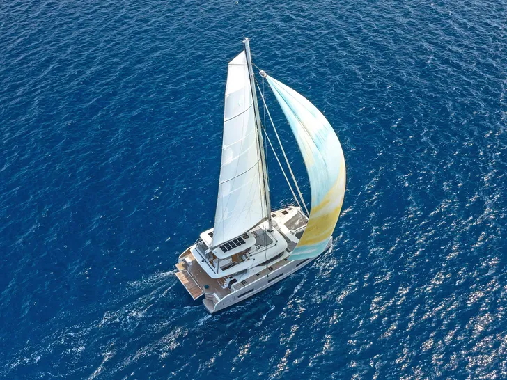 LADY M Lagoon 60 - cruising aerial shot LADY M Lagoon 60 - cruising aerial shot