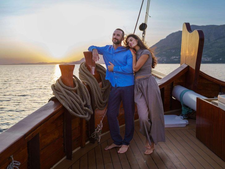 GREEN RAY Custom Gulet 28m - guests enjoying the sunset at the bow GREEN RAY Custom Gulet 28m - guests enjoying the sunset at the bow