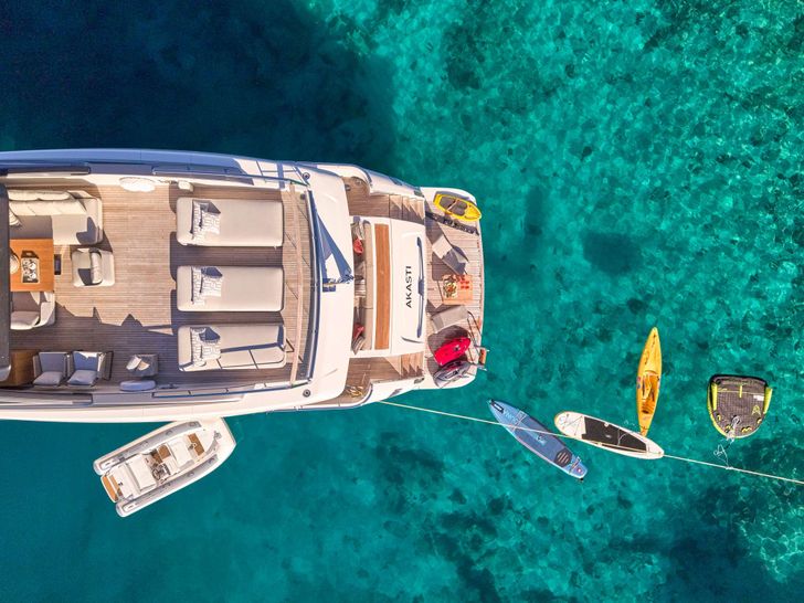 AKASTI Sanlorenzo SL86 - aerial aft shot with water toys AKASTI Sanlorenzo SL86 - aerial aft shot with water toys