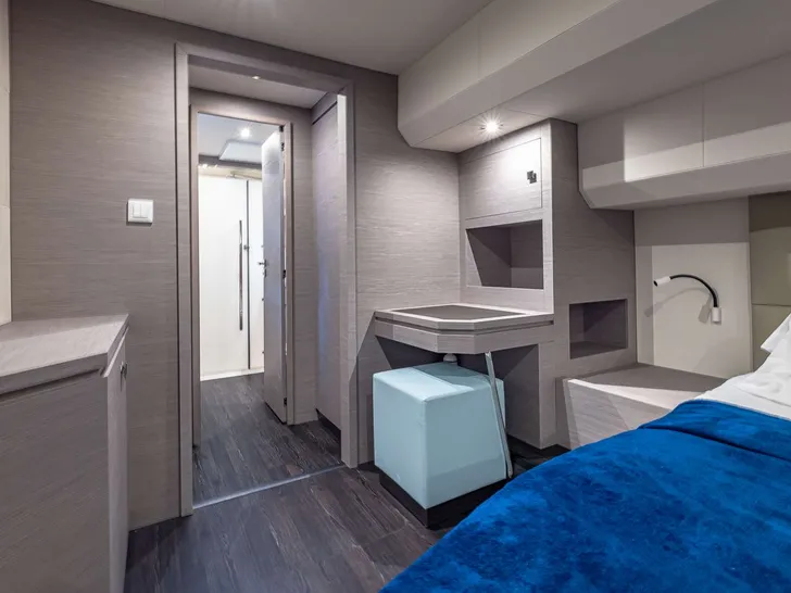 HAPPY PLACE Fountaine Pajot MY6 - Entrance to Primary Cabin Bath HAPPY PLACE Fountaine Pajot MY6 - Entrance to Primary Cabin Bath
