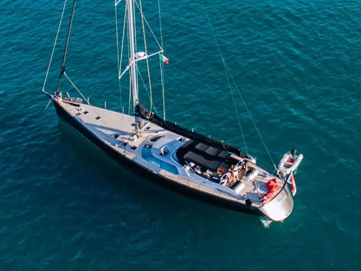 FREE AT LAST Marina 94 - anchored aerial shot FREE AT LAST Marina 94 - anchored aerial shot