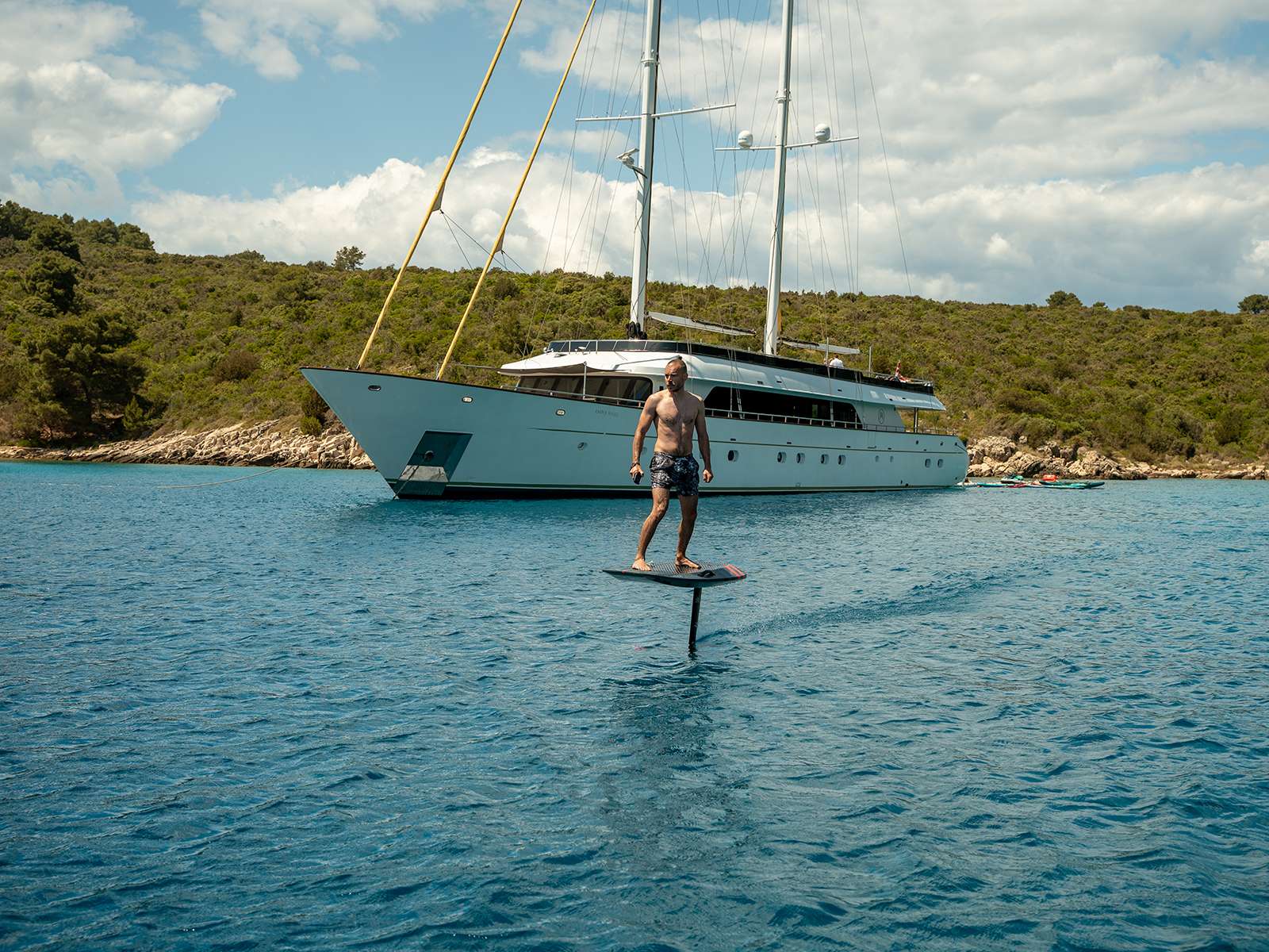 ANIMA MARIS Custom Motor Sailer 49m - anchored with the e-Foil