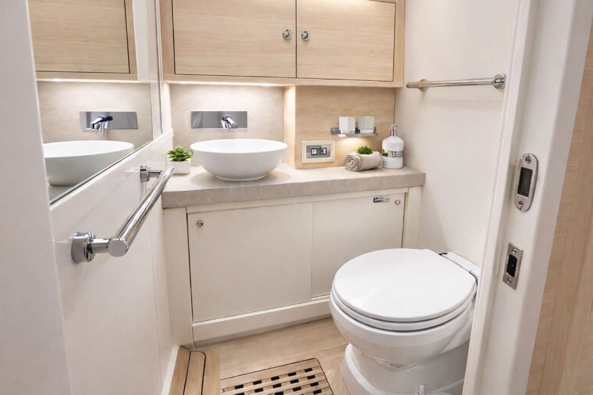 KIND OF BLUE Hanse 575 - master cabin bathroom