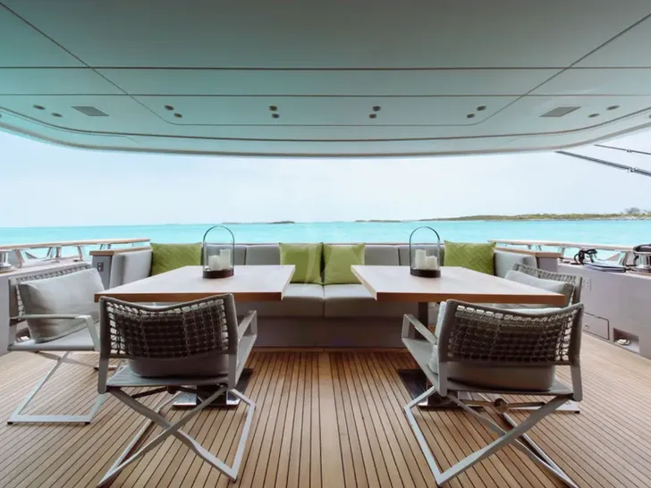 ADIOS Sanlorenzo SD96 - aft deck lounge and dining area ADIOS Sanlorenzo SD96 - aft deck lounge and dining area