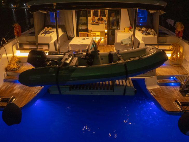 AEGEUS Lagoon 51 aft deck at night AEGEUS Lagoon 51 aft deck at night