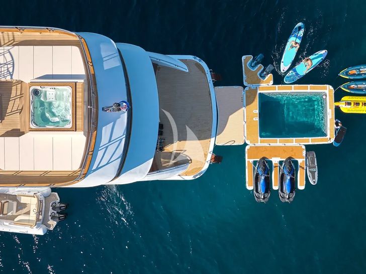 AETERNA Radez Custom Yacht 53m - top aft shot with the water toys AETERNA Radez Custom Yacht 53m - top aft shot with the water toys