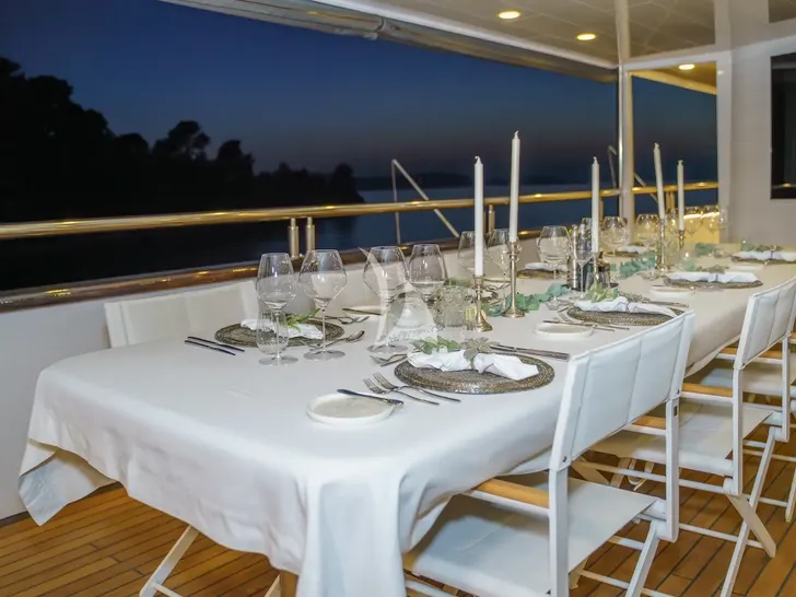 AGAPE ROSE Custom Yacht 48m - sky deck alfresco dining set up AGAPE ROSE Custom Yacht 48m - sky deck alfresco dining set up