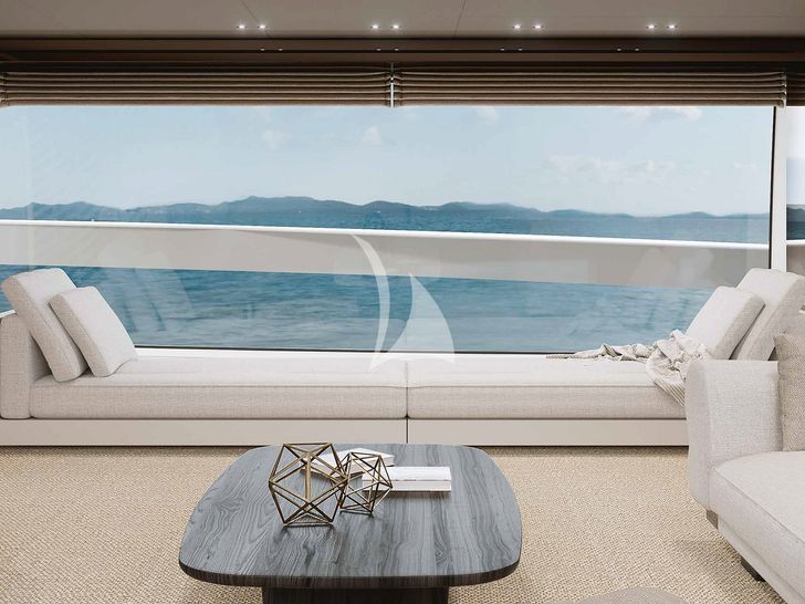 ON TIME Sanlorenzo SX112 - main saloon long couch with view deck ON TIME Sanlorenzo SX112 - main saloon long couch with view deck