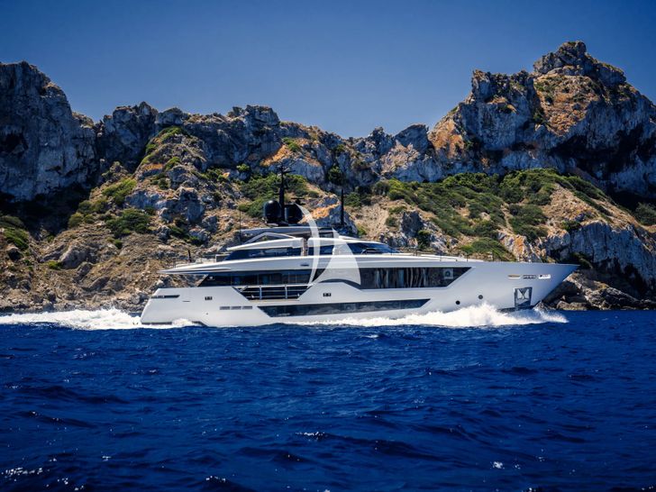 ALVIUM Ferretti Custom Line 106 - cruising near an island ALVIUM Ferretti Custom Line 106 - cruising near an island