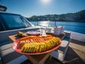 ALVIUM Ferretti Custom Line 106 - fruit platter on the foredeck ALVIUM Ferretti Custom Line 106 - fruit platter on the foredeck