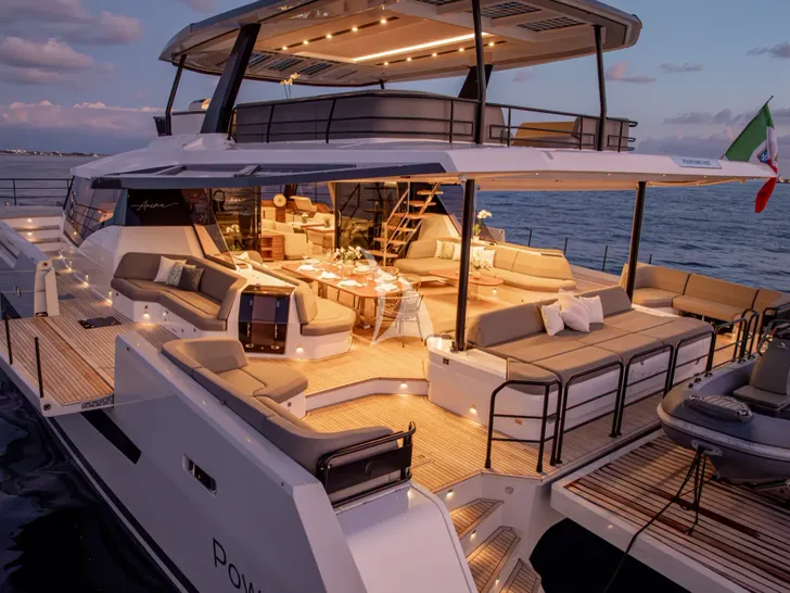 ANIMA Fountaine Pajot Power 80 - aft deck at night ANIMA Fountaine Pajot Power 80 - aft deck at night