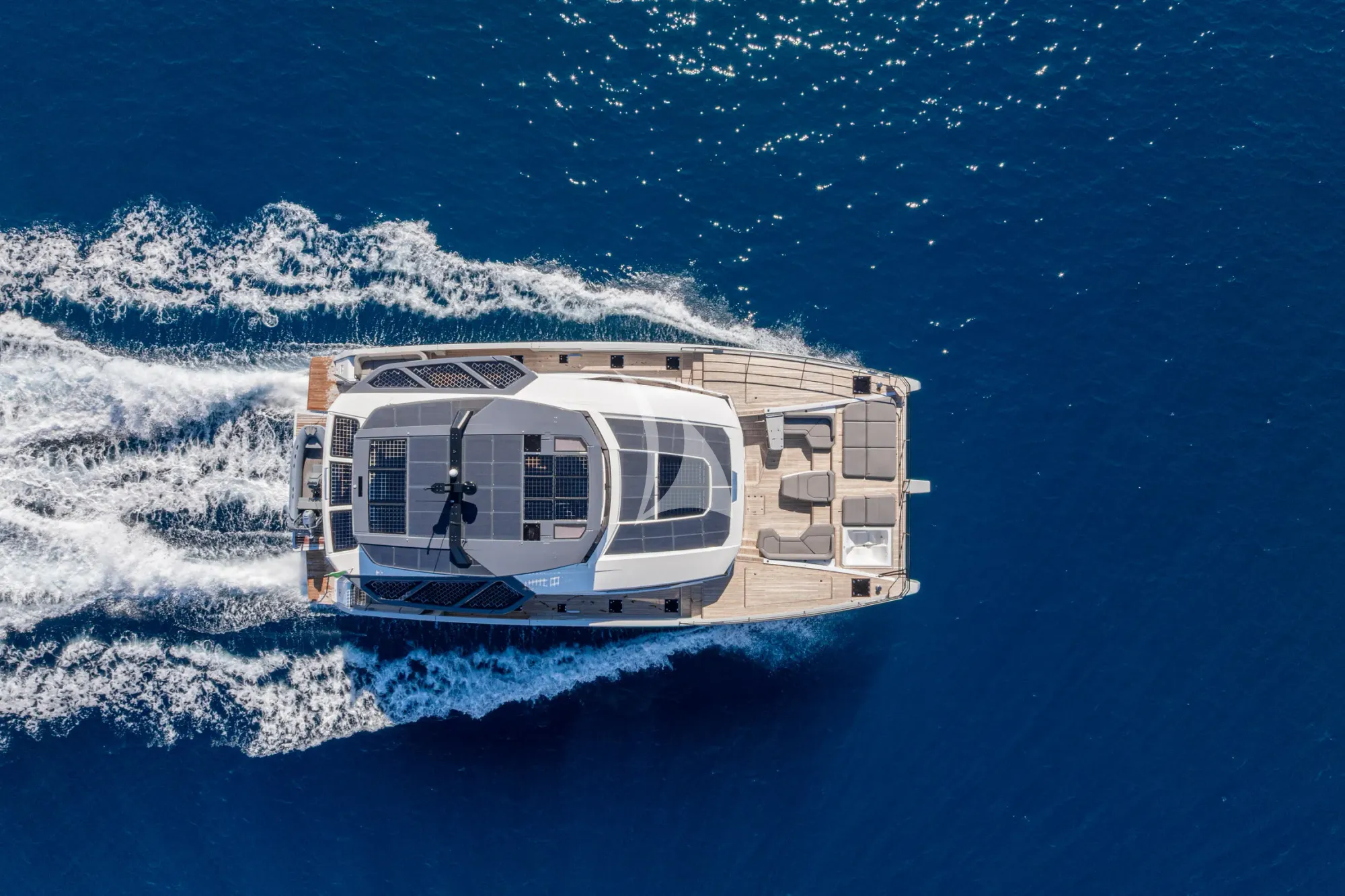 ANIMA Fountaine Pajot Power 80 - cruising top aerial shot