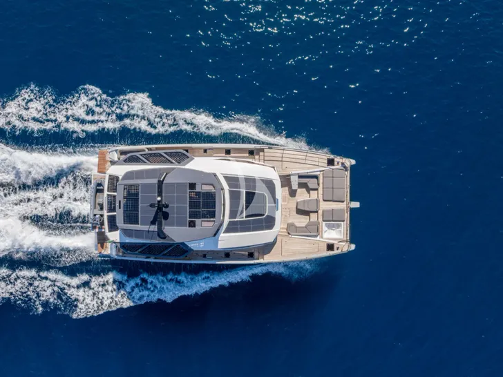 ANIMA Fountaine Pajot Power 80 - cruising top aerial shot ANIMA Fountaine Pajot Power 80 - cruising top aerial shot