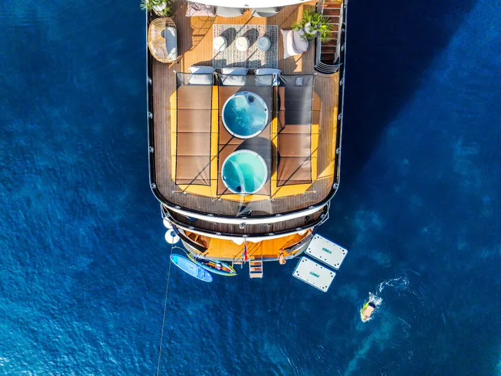 ARETHA Custom Yacht 45m - aerial aft shot ARETHA Custom Yacht 45m - aerial aft shot