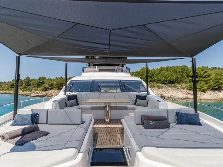 ASCEND Sunseeker 23m - foredeck sunbathing area shaded with a bimini ASCEND Sunseeker 23m - foredeck sunbathing area shaded with a bimini