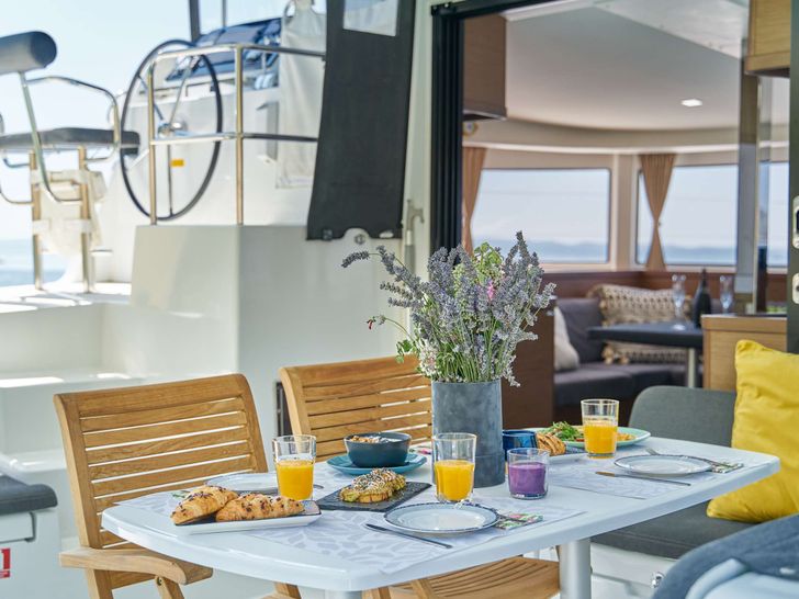 AURA Lagoon 42 breakfast on the aft deck AURA Lagoon 42 breakfast on the aft deck