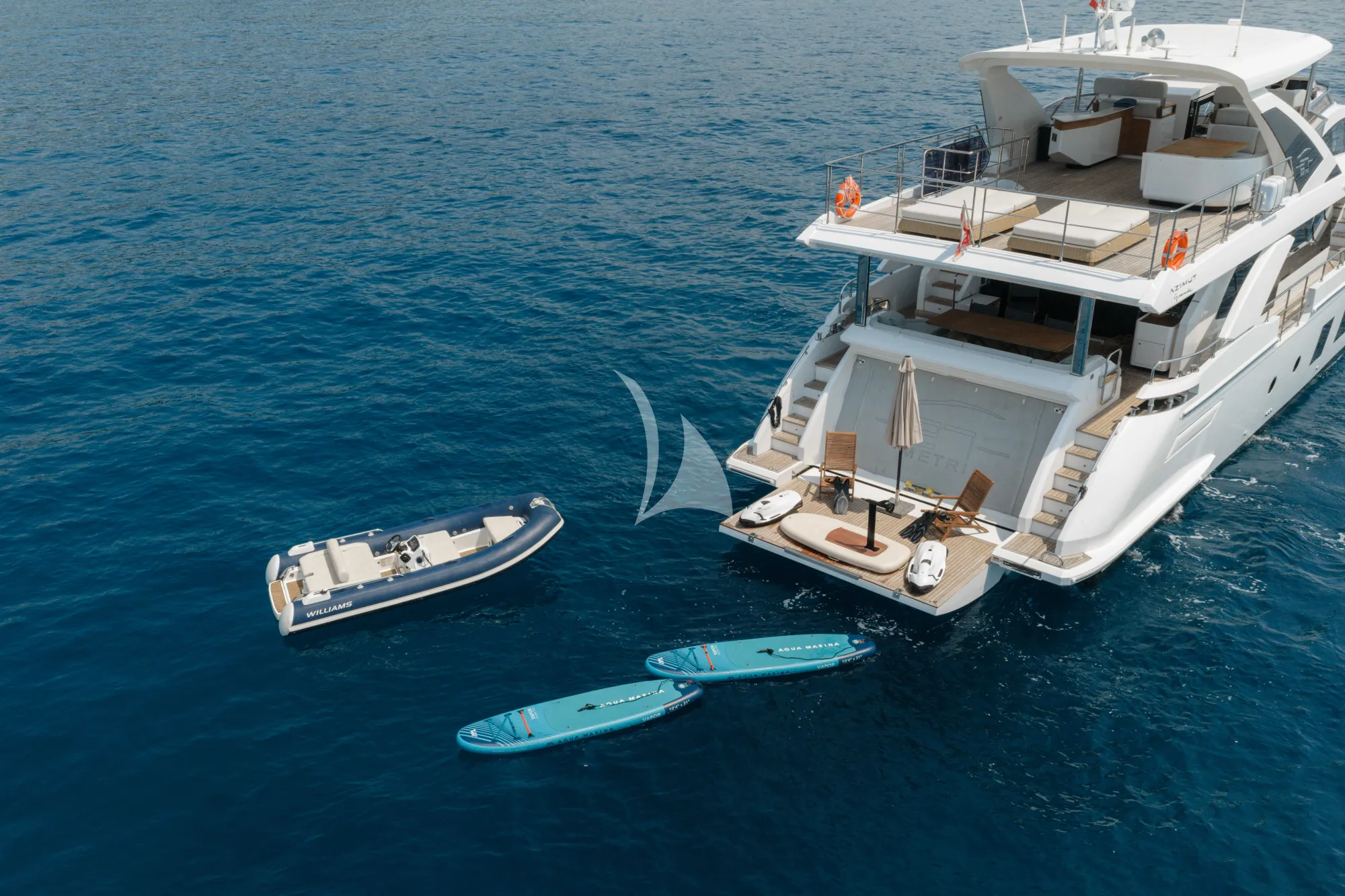 AURA Azimut Grande 27m - aft shot with the water toys
