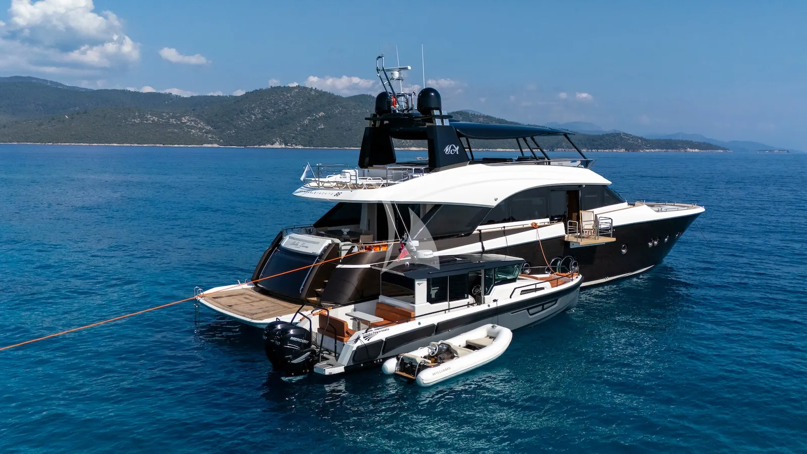 BELLA LUNA Monte Carlo 26m - anchored with the chase boat and dinghy
