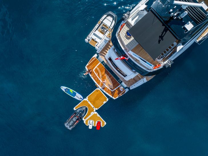 BLUE INFINITY ONE Sunseeker 95 Yacht aerial aft shot BLUE INFINITY ONE Sunseeker 95 Yacht aerial aft shot