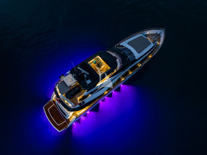 BLUE INFINITY ONE Sunseeker 95 Yacht aerial shot at night BLUE INFINITY ONE Sunseeker 95 Yacht aerial shot at night