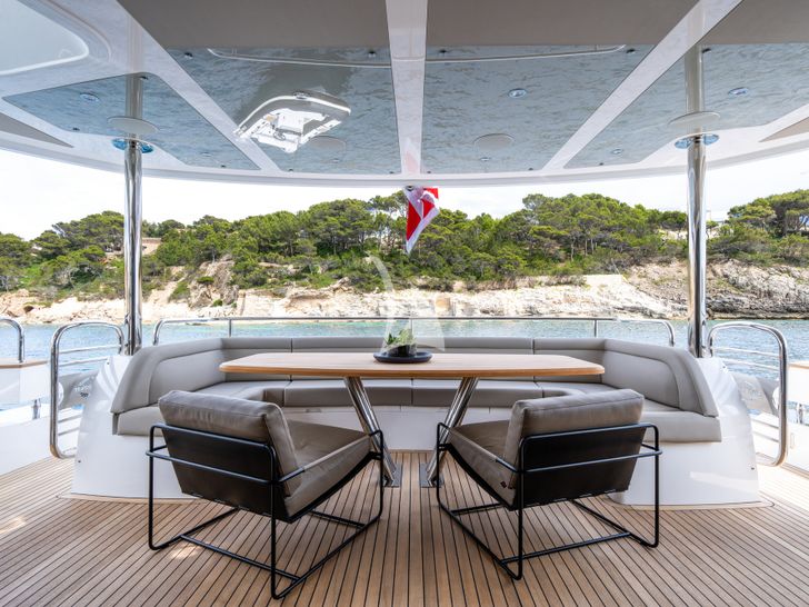 BLUE INFINITY ONE Sunseeker 95 Yacht aft alfresco dining area BLUE INFINITY ONE Sunseeker 95 Yacht aft alfresco dining area