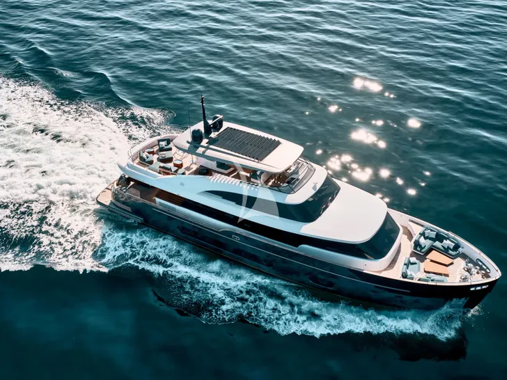 BLUE EYES Azimut Magellano 25M - cruising aerial shot BLUE EYES Azimut Magellano 25M - cruising aerial shot