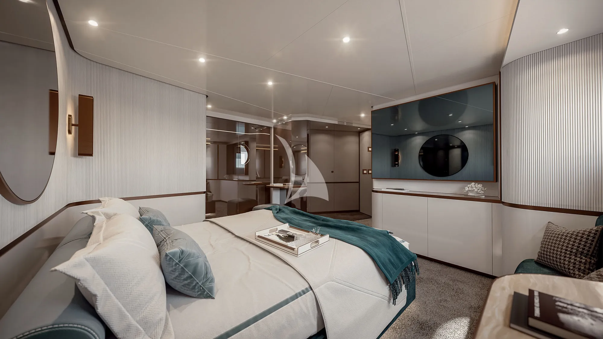 BLUE EYES Azimut Magellano 25M - master cabin bed and TV