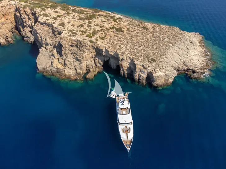 BOJI Codecasa 43 anchored near an island BOJI Codecasa 43 anchored near an island