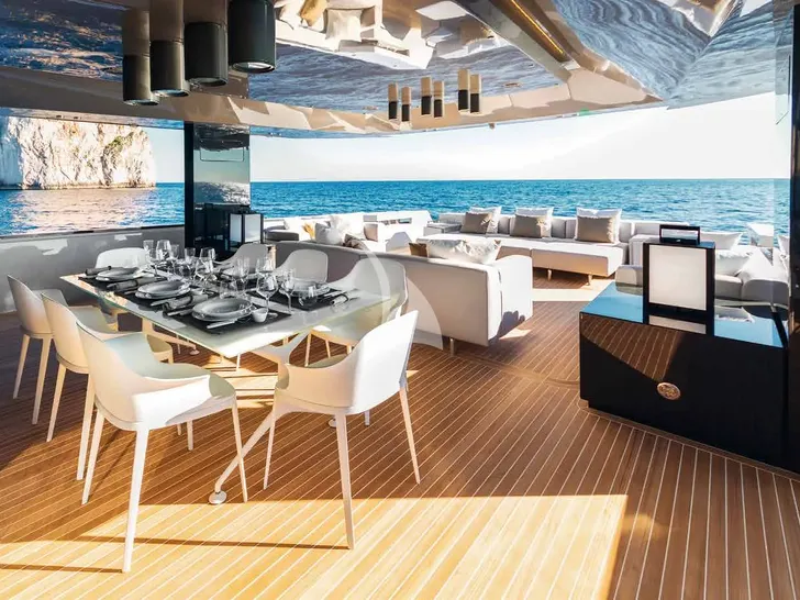 BOOM SHAKALAKA Arcadia A85 - aft deck and dining area seamless integration BOOM SHAKALAKA Arcadia A85 - aft deck and dining area seamless integration