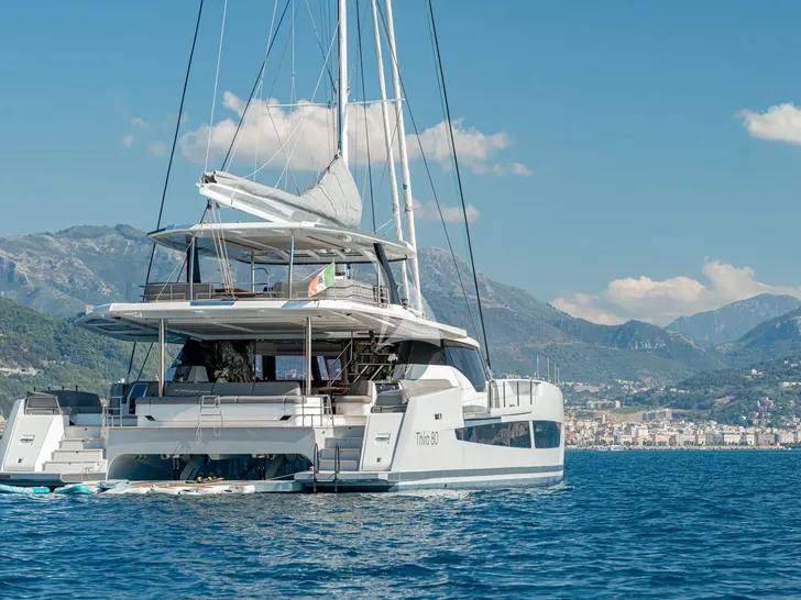 CAPRI Fountaine Pajot Thira 80 - cruising aft shot CAPRI Fountaine Pajot Thira 80 - cruising aft shot