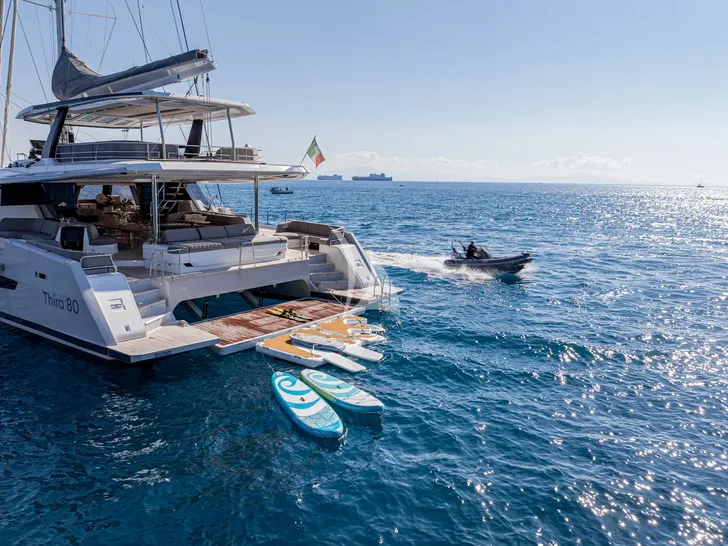 CAPRI Fountaine Pajot Thira 80 - aft shot with the water toys CAPRI Fountaine Pajot Thira 80 - aft shot with the water toys