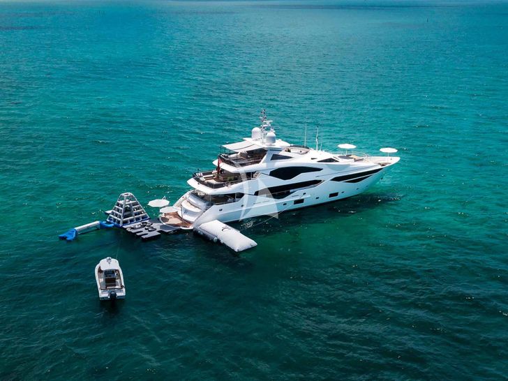 CAPTAIN MORGAN III Sunseeker 131 - aerial aft shot with the water toys CAPTAIN MORGAN III Sunseeker 131 - aerial aft shot with the water toys