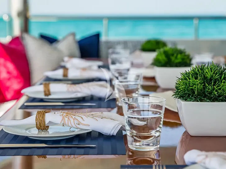 BLANCHE 161 Christensen 49m - main aft deck alfresco dining set up BLANCHE 161 Christensen 49m - main aft deck alfresco dining set up