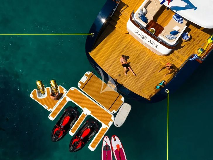 CLASE AZUL Radez 48m - top aft shot with the water toys CLASE AZUL Radez 48m - top aft shot with the water toys