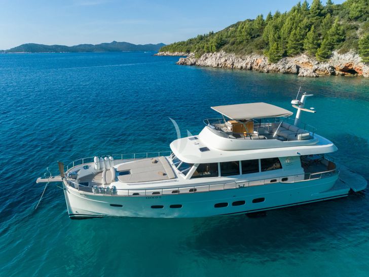 CLOUD 9 Sasga Menorquin 68 Flybridge - close up aerial shot CLOUD 9 Sasga Menorquin 68 Flybridge - close up aerial shot