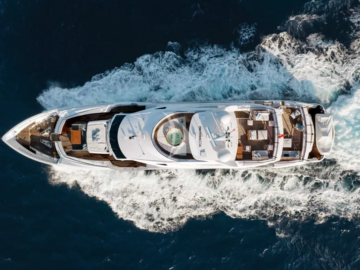 CAPTAIN MORGAN III Sunseeker 131 - top aerial shot cruising CAPTAIN MORGAN III Sunseeker 131 - top aerial shot cruising