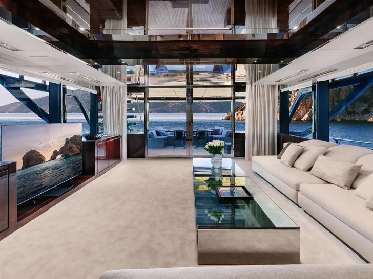 DON'T WORRY Riva Dolcevita 110 - main saloon seating and TV DON'T WORRY Riva Dolcevita 110 - main saloon seating and TV