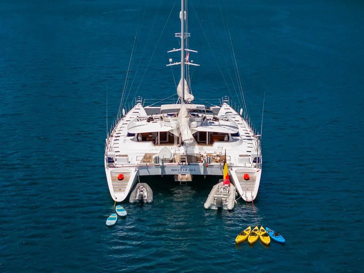 DOUCE FRANCE Alu Marine 42m - anchored aft view with the water toys DOUCE FRANCE Alu Marine 42m - anchored aft view with the water toys