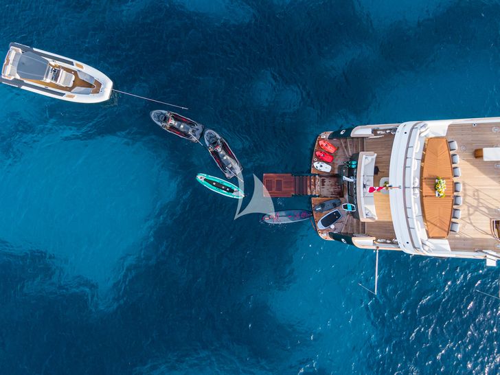 EMERALD Feadship 50m - top aft shot with the water toys EMERALD Feadship 50m - top aft shot with the water toys