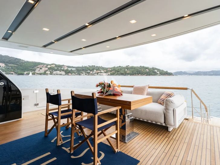 ESTIA Sanlorenzo SX88 - main aft deck alfresco dining area ESTIA Sanlorenzo SX88 - main aft deck alfresco dining area
