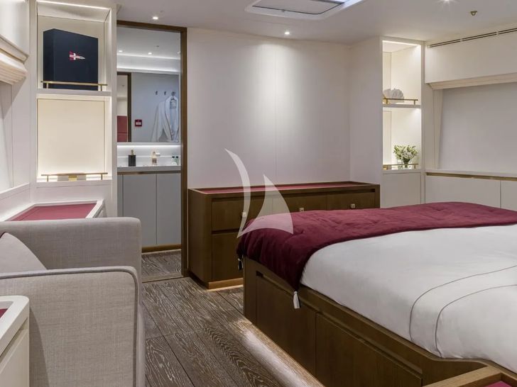 FANCY Nautor's Swan 108 - master cabin seating area and bathroom entrance FANCY Nautor's Swan 108 - master cabin seating area and bathroom entrance