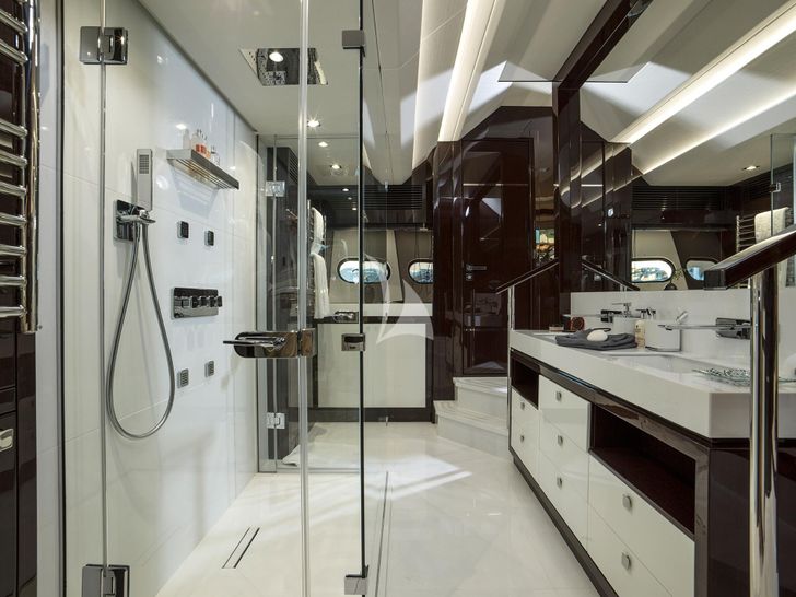 FLEUR Sunseeker 116 - master cabin bathroom wide view FLEUR Sunseeker 116 - master cabin bathroom wide view