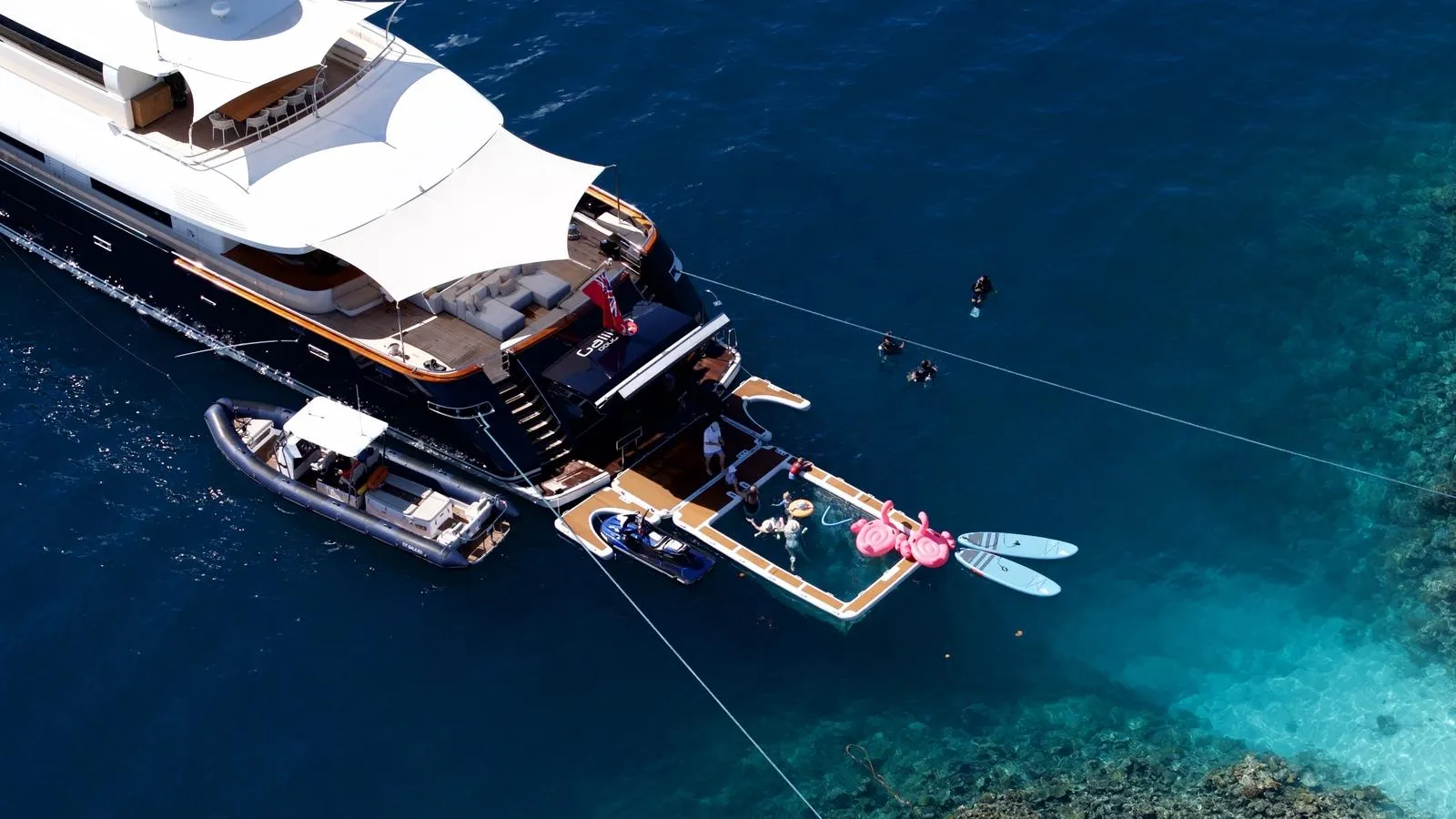 GALILEO Picchiotti 55.7m - aerial view of water toys with sea pool