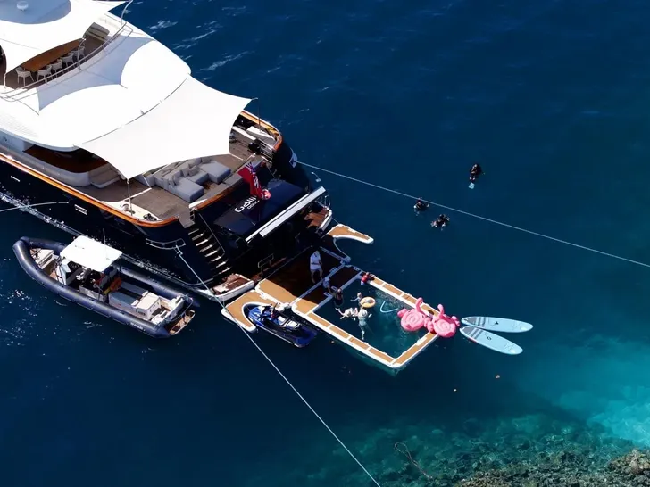 GALILEO Picchiotti 55.7m - aerial view of water toys with sea pool GALILEO Picchiotti 55.7m - aerial view of water toys with sea pool