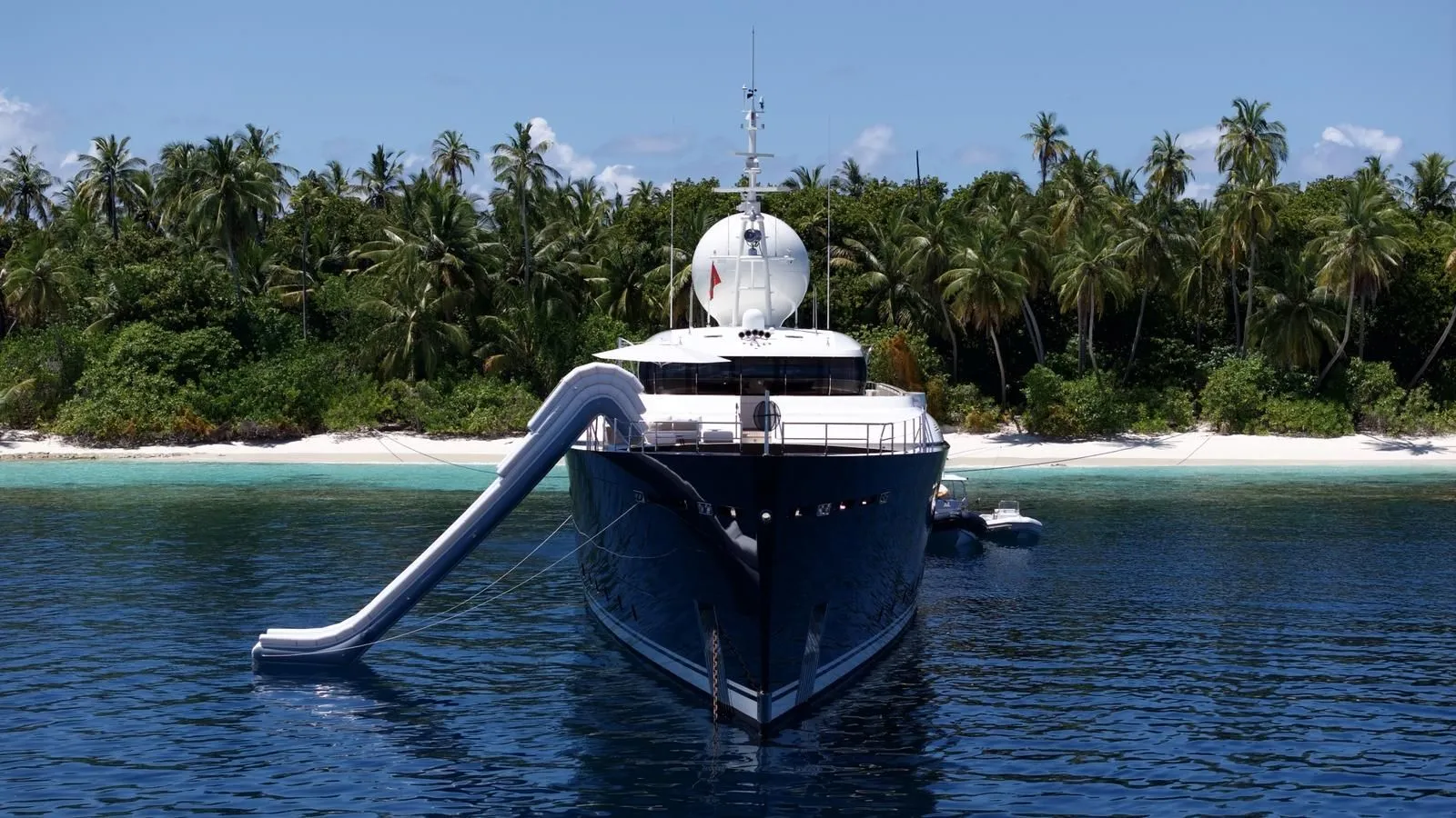 GALILEO Picchiotti 55.7m - front view with water toys and slide