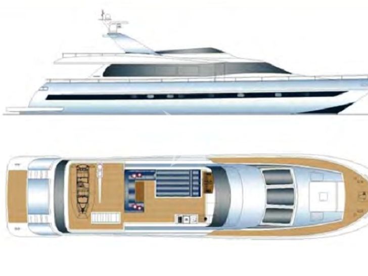 GIOE I Tecnomar 100 motor yacht layout exterior and top deck