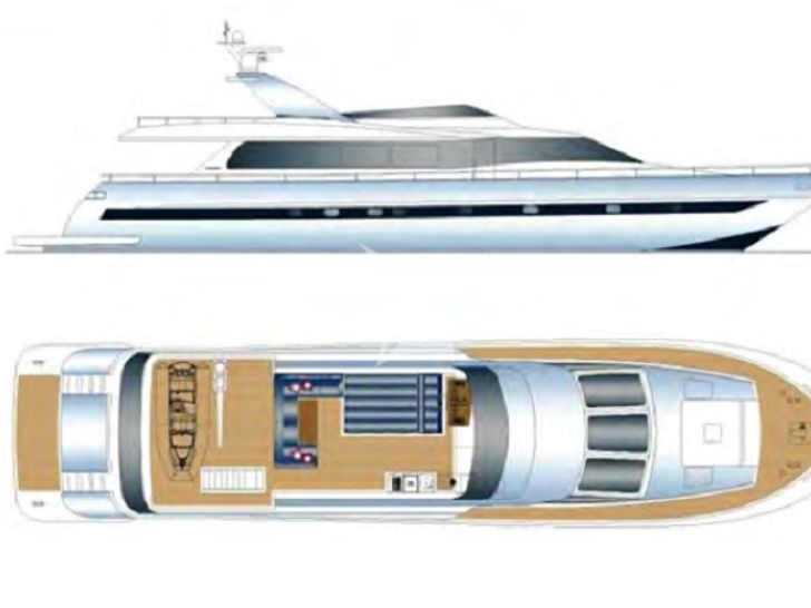 GIOE I Tecnomar 100 motor yacht layout exterior and top deck GIOE I Tecnomar 100 motor yacht layout exterior and top deck