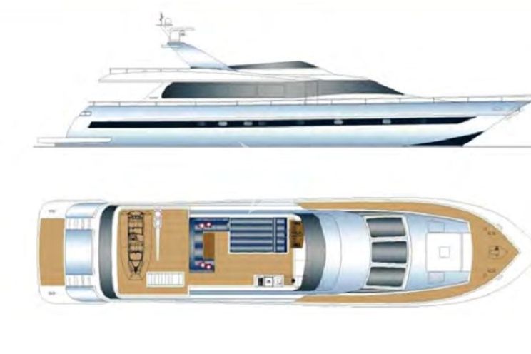 Layout for GIOE I Tecnomar 100 motor yacht layout exterior and top deck