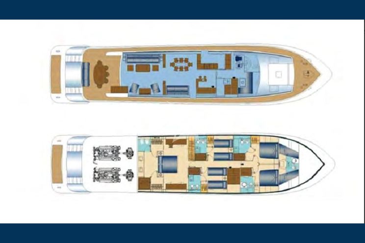 Layout for GIOE I Tecnomar 100 motor yacht main deck and cabin deck