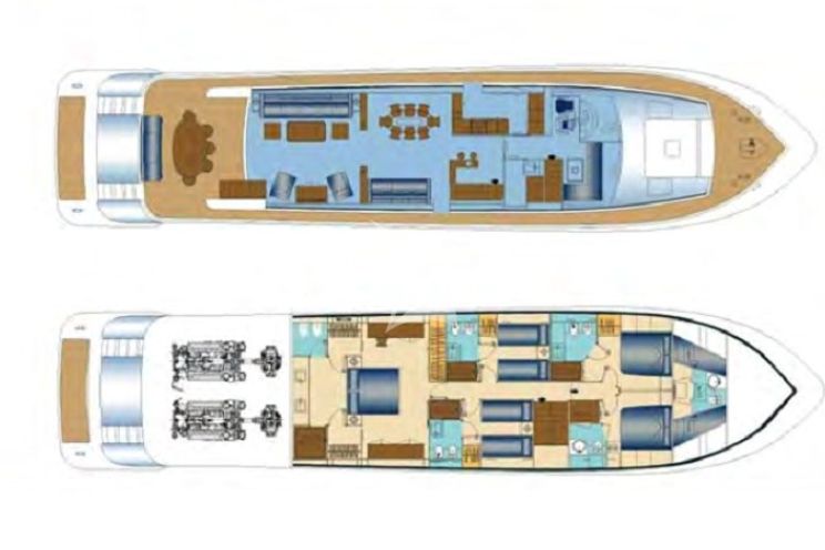 Layout for GIOE I Tecnomar 100 motor yacht main deck and cabin deck